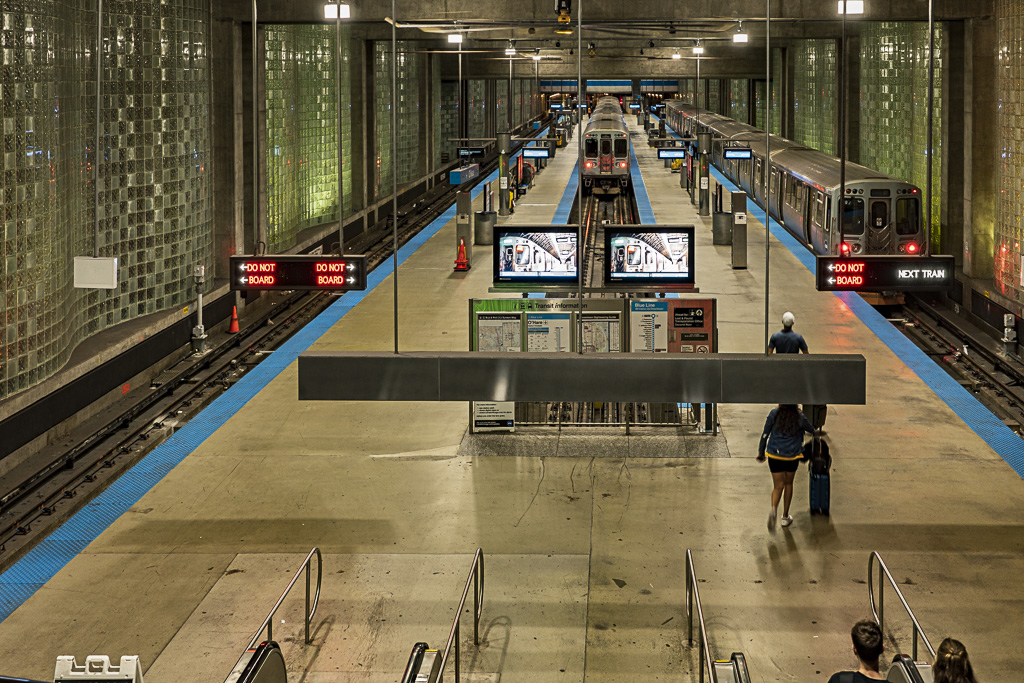 The commuter train station at Chicago O'Hare