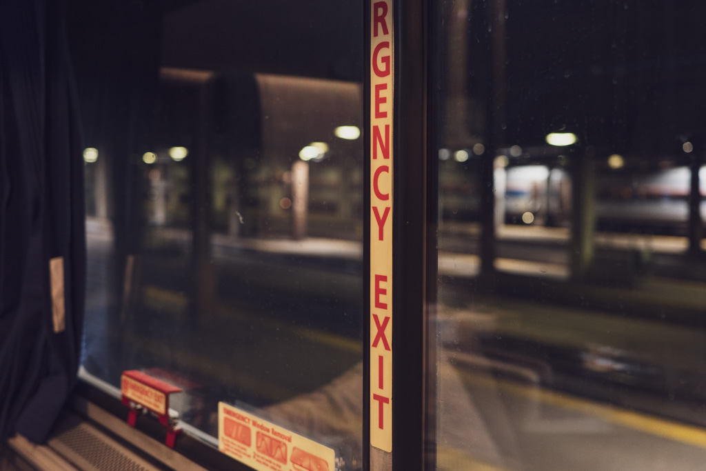 View out of the window of an Amtrak Superliner at Chicago Union Station