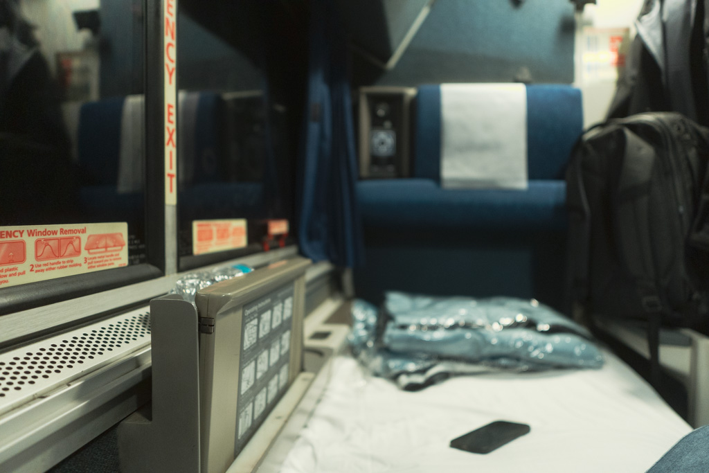 An Amtrak Superliner roomette at night